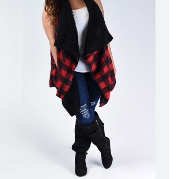 Westbound Woman Red Buffalo Plaid Black Sherpa Vest CabinCore Fall Holidays 2X - Picture 12 of 13